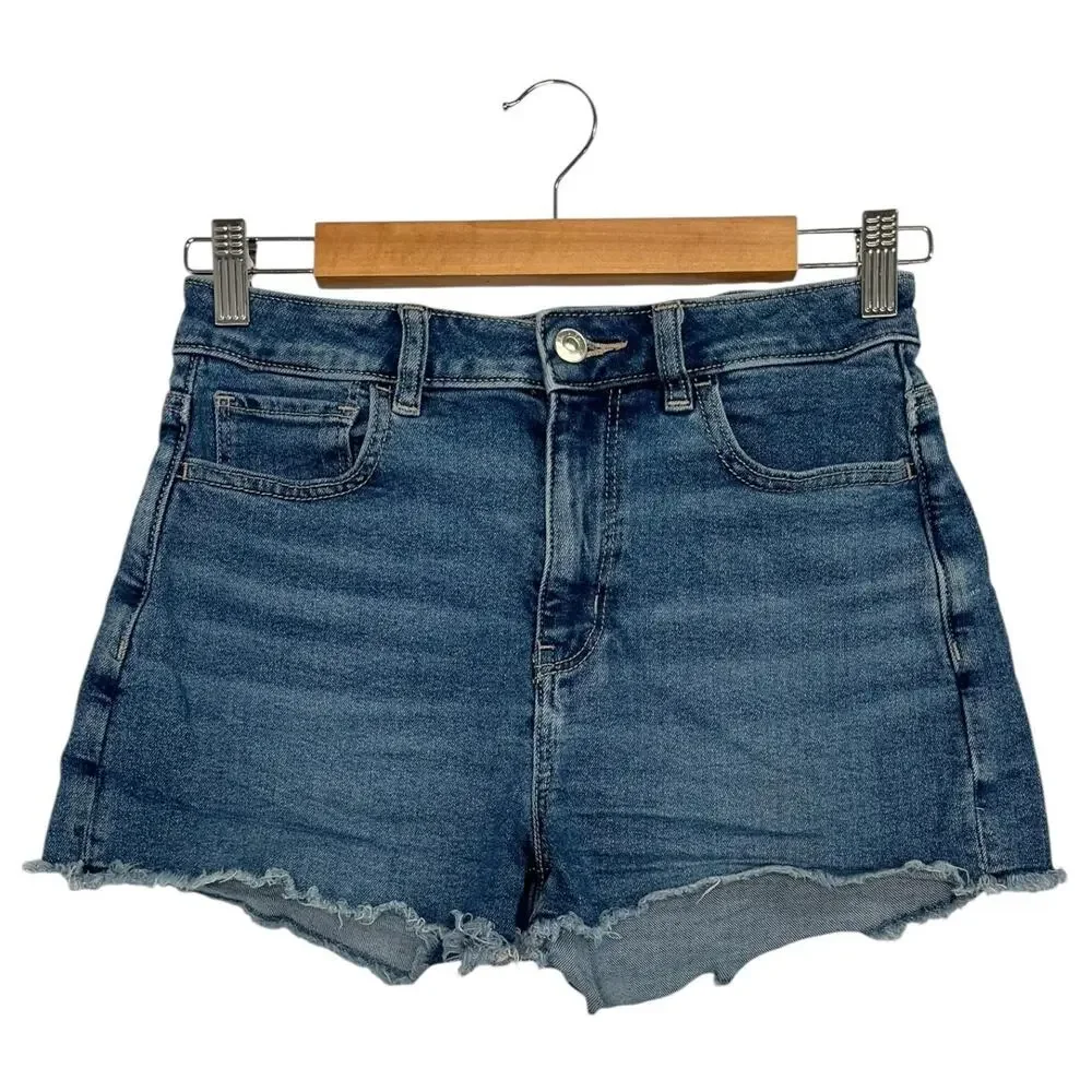 American Eagle Shorts Womens 4 Blue Denim Mom Short High Rise Frayed Hem Stretch - Picture 1 of 15